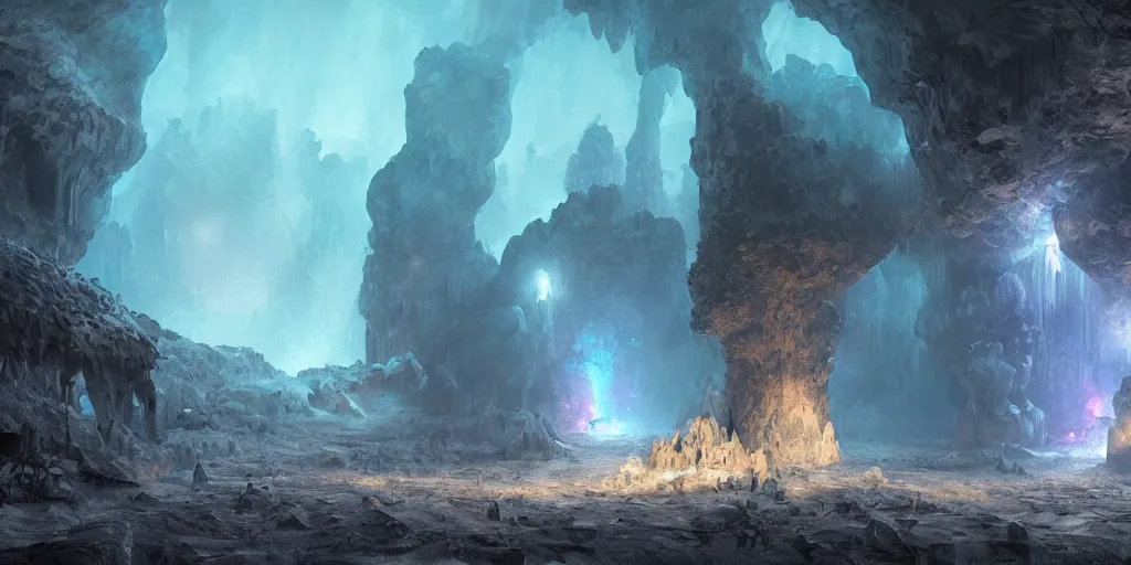 Image similar to fantasy matte painting of a cave with glowing crystals on the walls and piles of bones on the floor, fantasy, sharp focus, artstation