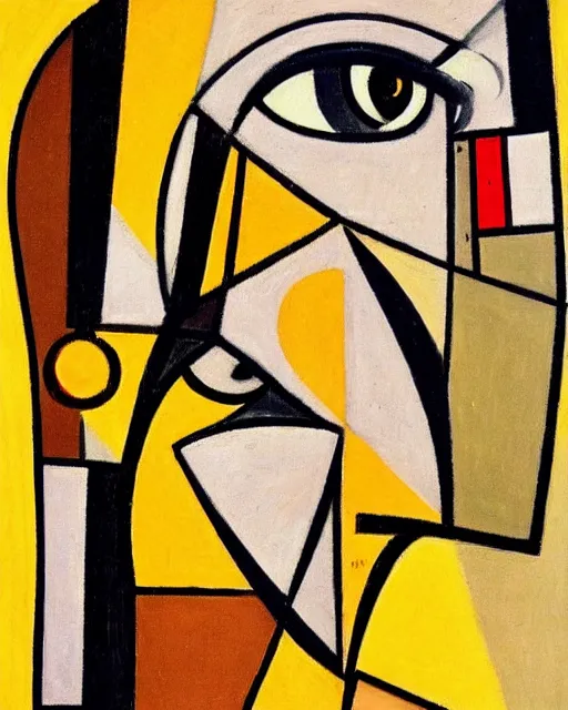 Prompt: a cubism extremely detailed masterpiece painting of a female with one triangular eye one trapezoid eye one side view of a nose a heat shaped elongated mouth at an angle a sharp jaw and no ear on the same canvas plane, in the style of georges braque, muted brown yellow and blacks