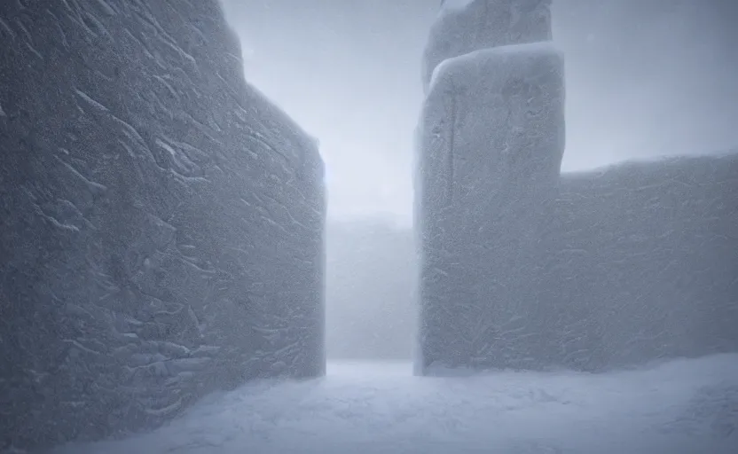 Image similar to the wall in the snowstorm, doomy, Unreal Engine, cinematic photography, highly-detailed, games of thrones, HBO, high resolution, 8k, photorealistic, stunning volumetric lighting