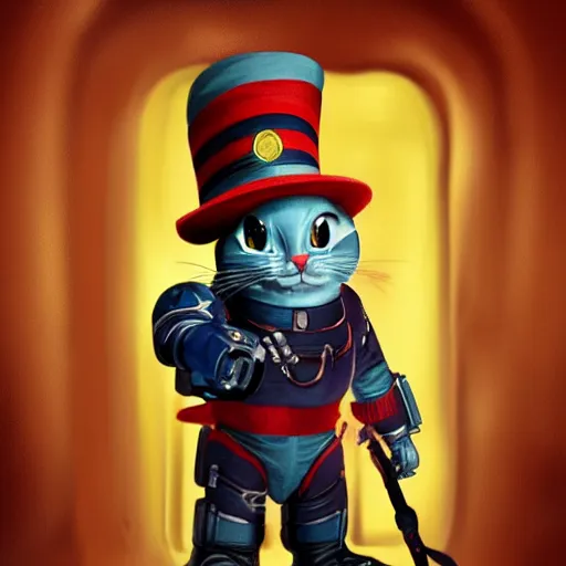 Prompt: cat in the hat as a space marine, portrait, octane, cinematic lighting, symmetrical, detailed