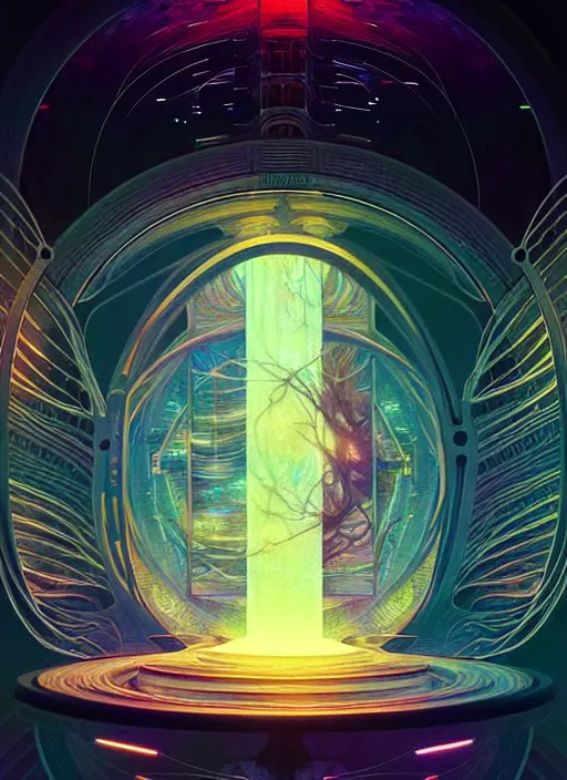 Image similar to high zoom, inside fractals!! calm, healing, resting, life, hybrids, scifi, glowing lights!!, published concept art, mixed medias, image overlays, sharp focus, thin glowing wires, top best illustration, art by greg rutkowski and alphonse mucha, singularity!!!, 3 6 0 capture