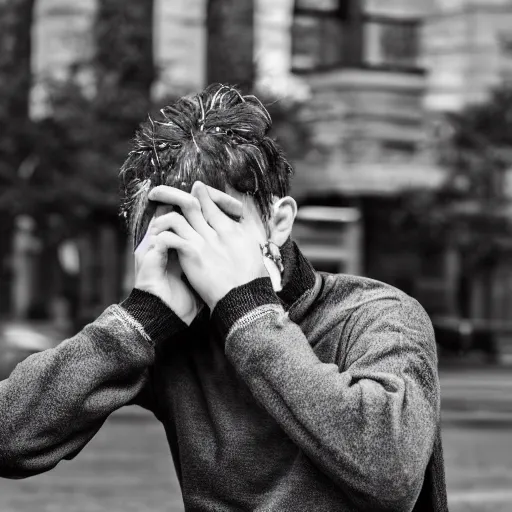 Image similar to black and white fashion photograph, highly detailed portrait of a depressed drug dealer sitting on the bench on a busy street, looking into camera, natural light, rain, mist, lomo, fashion photography, film grain, soft vignette, sigma 85mm f/1.4 1/10 sec shutter