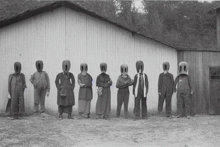 Image similar to vintage photo of villagers wearing weird masks outside a barn by hilla becher, eerie, bizarre, highly detailed shot, dramatic 8 k uhd