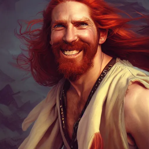 Image similar to portrait of a young ruggedly handsome but joyful pirate, male, masculine, upper body, red crimson hair, long flowing hair, fantasy, soft grin, intricate, elegant, highly detailed, digital painting, artstation, concept art, matte, sharp focus, illustration, art by artgerm and greg rutkowski and alphonse mucha