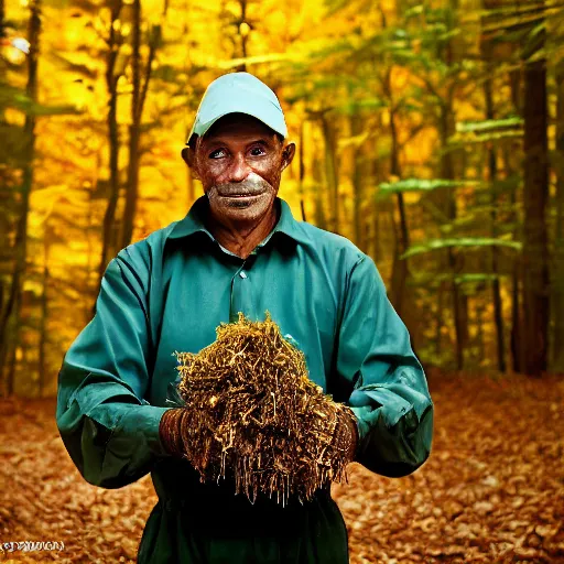 Image similar to closeup portrait of a cleaner with a huge rake in a fall forest, by Steve McCurry and David Lazar, natural light, detailed face, CANON Eos C300, ƒ1.8, 35mm, 8K, medium-format print