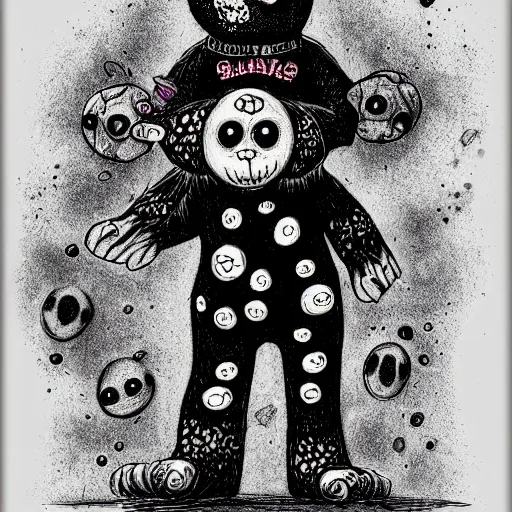 Image similar to dark art cartoon grunge drawing of a teddy bear with black holes as eyes by tim burton - loony toons style, horror theme, detailed, elegant, intricate, trending on art station