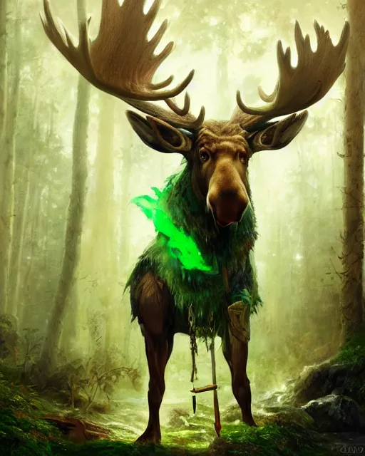 Prompt: oil painting of Anthropomorphized Moose casting spell, wearing green cloak, wearing war paint, sharp focus, fantasy style, octane render, volumetric lighting, 8k high definition, by greg rutkowski, highly detailed, trending on art Station, magic the gathering artwork, magical forest backround, centered