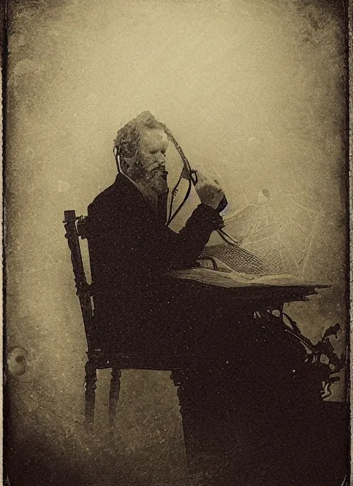 Image similar to old wetplate daguerreotype archetype portrait of a architect dreaming about his creations, explosion of data fragments, fractal, intricate, elegant, highly detailed, parallax, leica, medium format, subsurface scattering, by jheronimus bosch and greg rutkowski and louis jacques mande daguerre