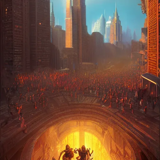 Prompt: bunch of people running away from a bitcoin giant in the city, hyper detailed, trending on artstation, cinematic composition hdr, 8 k, beautiful lighting, sharp details, art by tim hildebrandt and wayne barlowe and bruce pennington and ruan jia and larry elmore