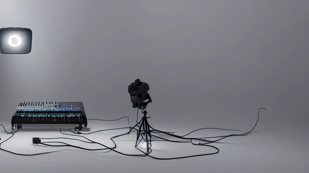 Image similar to a synthesizer, white balance, 8 k, rim lighting, led, lumen global illumination, glowing, glow - in - the - dark, fog, ray tracing reflections