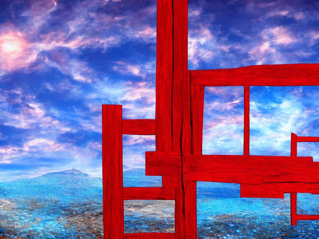 Prompt: a wallpaper 4k of a beautiful scenery of a red inferno with a huge square gate to a blue paradise