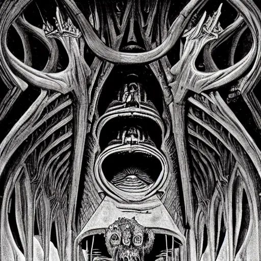 Prompt: monstrous and twisted cathedral with an altar that has a statue to many eyed and four armed cthulhu. in the style of hr giger and zdzisław beksinski escher gloom misty glow