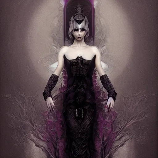 Prompt: by tom bagshaw, photorealistic body shot of absurdities and mushrooms, very beautiful curvy full gothic long dress fantasy, ultra deep fog, purple black lustrous thin haircut, symmetry accurate features, focus, very intricate ultrafine details, award winning masterpiece