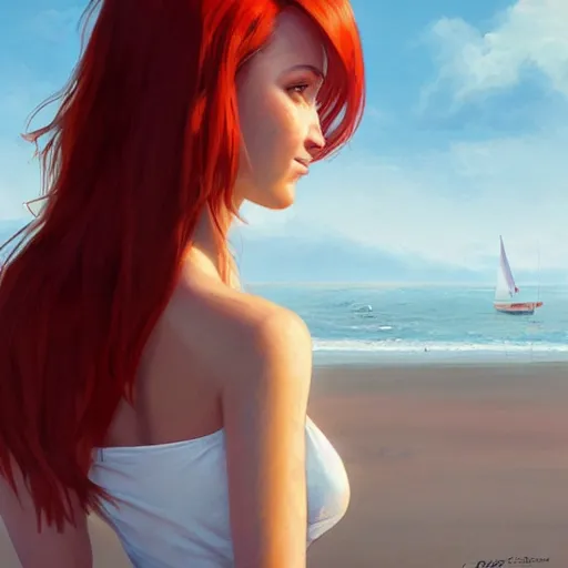 Image similar to beautiful woman with red hair in white sundress on the beach, perfect face, perfect body, eye contact, flirting, smiling, drawn by greg rutkowski