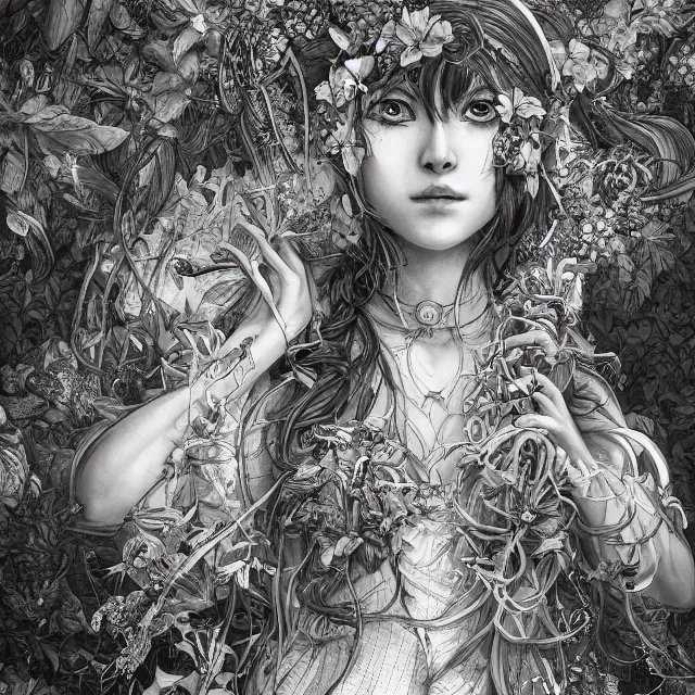 Image similar to the portrait of chaotic good female druid botanist as absurdly beautiful, gorgeous, elegant, young gravure idol, an ultrafine hyperdetailed illustration by kim jung gi, irakli nadar, intricate linework, sharp focus, bright colors, octopath traveler, final fantasy, unreal engine 5 highly rendered, global illumination, radiant light, detailed and intricate environment