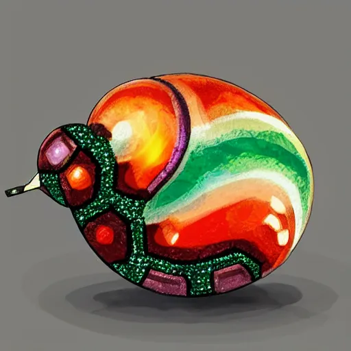 Image similar to A pokemon that looks like A Tangguan snail with multi-colored gemstones on the raised part of the shell.