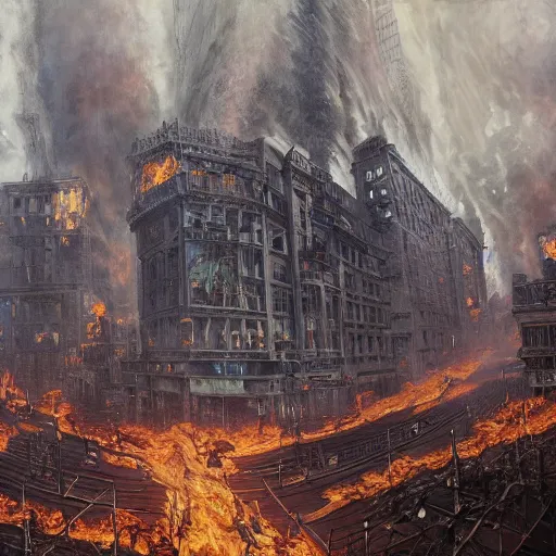 Prompt: gigantic quadruped creature walking through the center of a burning city with very tall buildings, extreme detail, abstract realism, highly ornate intricate details, 1 9 2 0's colored pencil, 4 k, cinematic lighting,