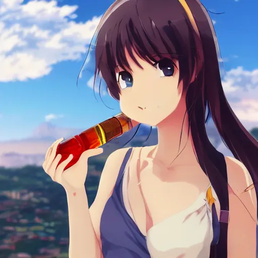 Prompt: closeup of an Anime girl with an Aguardiente Cristal Booze bottle in her hand with the city of Armenia Quindio in the background, Artwork by Makoto Shinkai, official media, 8k, pixiv, high definition, wallpaper, hd, digital artwork