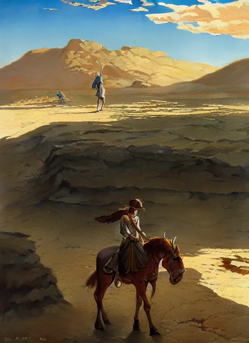 Prompt: a vast dry riverbed, extremely detailed oil painting, rhads, sargent and leyendecker, savrasov levitan polenov, bruce pennington, studio ghibli, tim hildebrandt, digital art, landscape painting, trending on artstation, masterpiece