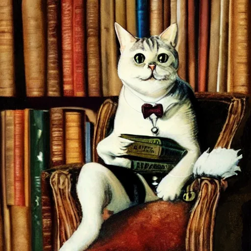 Image similar to a distinguished cat in smoking on armchair with a monocle in a room full of books