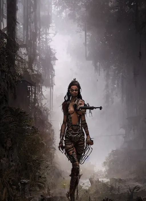 Image similar to portrait of a young very beautiful cute tribal woman with a steampunk gun, in a post apocalyptic city overgrown with lush vegetation, by Luis Royo, by Greg Rutkowski, dark, gritty, intricate, head space, cover illustration, concept art, volumetric lighting, volumetric atmosphere, octane render, trending on artstation, 8k