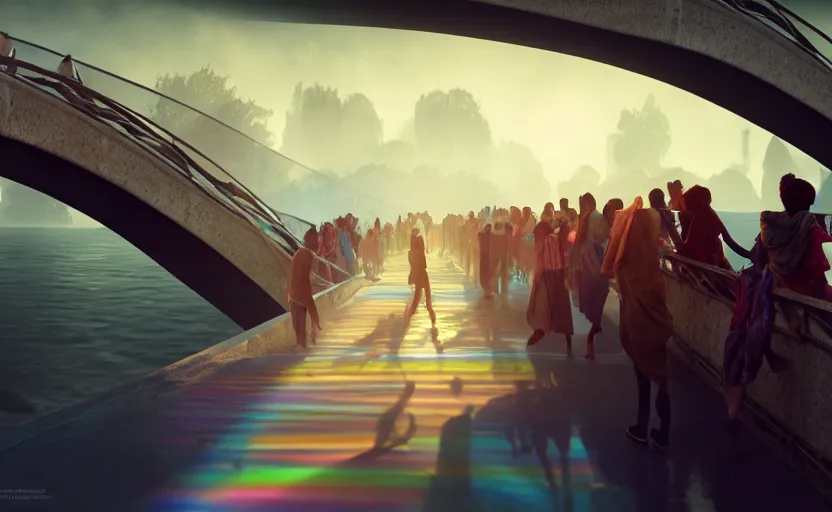 Image similar to incredible, mindblowing, refugees crossing a beautiful bridge made of rainbow hardlight, matte painting, artstation, cgsociety, dramatic lighting, concept art, octane render, arnold 3 d render