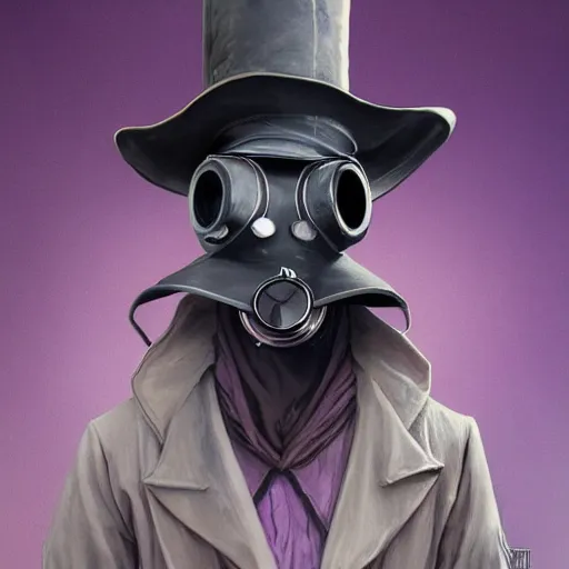 Image similar to mediaeval plague doctor wearing a top hat with a purple ribbon, intricate, epic, highly detailed, digital painting, artstation, concept art, smooth, sharp focus, illustration, unreal engine 5, 8 k, art by artgerm and greg rutkowski and alphonse mucha