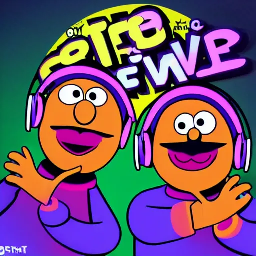 Image similar to svg sticker of a Pop-Wonder Bert&Ernie, Sesame-Street, at a rave, spinning records, giant headphones rocking out, wearing headphones, huge speakers, dancing, rave, DJ, spinning records, digital art, amazing composition, rule-of-thirds, award-winning, trending on artstation, featured on deviantart