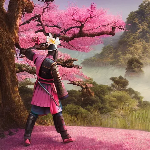 Prompt: ancient chinese samurai standing on a pink blossom tree, beautiful chinese landscape in background, 8 k, octane render, ultra detailed, art by artgerm and greg rutkowski and alphonse mucha, artstation