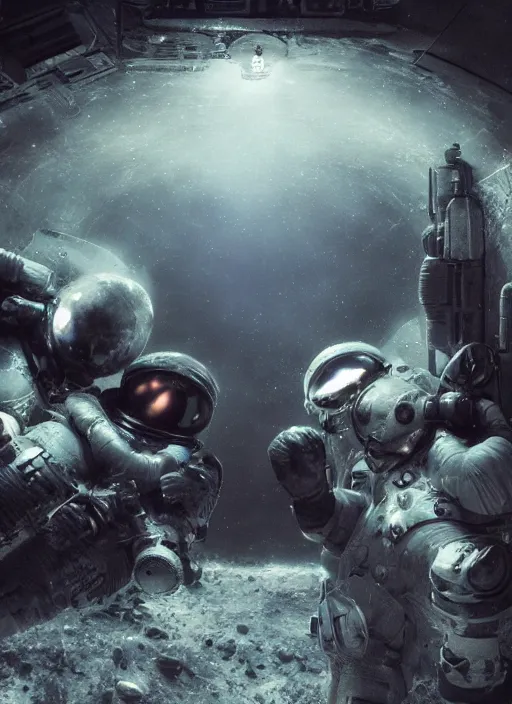 Prompt: concept art by craig mullins infrared complex and hyperdetailed astronauts hugging in futuristic dark and empty spaceship underwater. reflection and dispersion materials. rays and dispersion of light. volumetric light. 5 0 mm, f / 3 2. noise film photo. flash photography. unreal engine 4, octane render. interstellar poster. dramatic light.