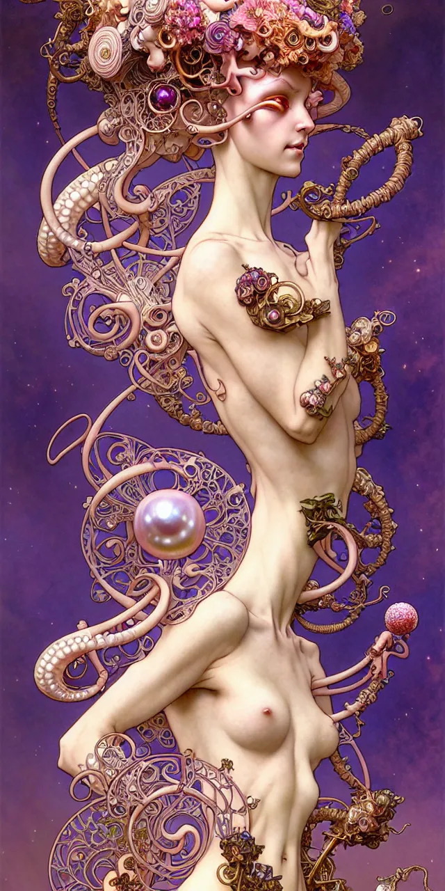 Image similar to beautiful princess art nouveau fantasy character portrait, ultra realistic, intricate details, the fifth element artifacts, highly detailed by peter mohrbacher, hajime sorayama, wayne barlowe, boris vallejo, aaron horkey, gaston bussiere, craig mullins alphonse mucha, art nouveau curves and spirals, flowers, pearls, jewels scattered