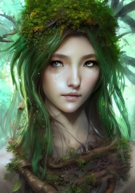 Image similar to A realistic anime portrait of a beautiful dryad with glowing green eyes and tree bark skin wearing clothes made of leaves, from Skyrim, digital painting, by Stanley Artgerm Lau, Sakimichan, WLOP and Rossdraws, digtial painting, trending on ArtStation, SFW version