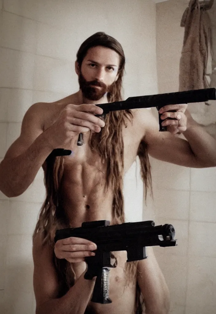 Image similar to jesus christ posing on instagram in his bathroom with an m 1 6