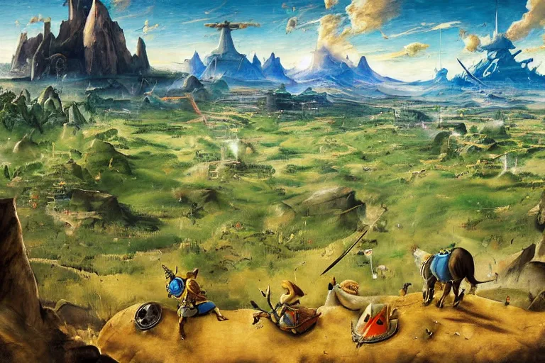 Image similar to zelda!! breath of the wild landscape painted by hieronymus bosch