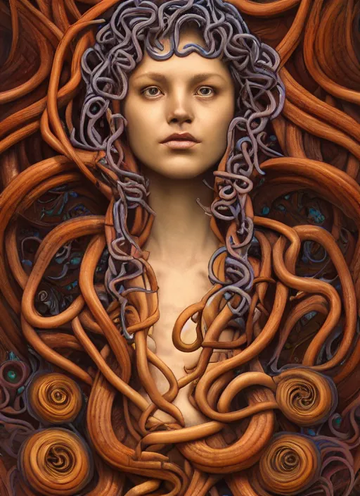 Prompt: medusa, wooden art nouveau swirls, strong subsurface scattering, cables, tubes, subsurface scattering, in the style of james jean and tomasz alen kopera and ross draws, subsurface scattering, mystical colors, rim light, soft lighting, 8 k, stunning scene, raytracing, octane render, trending on artstation
