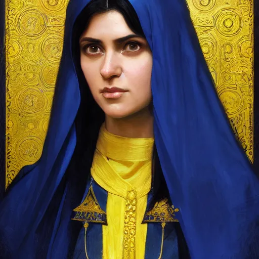 Prompt: portrait of a middle - eastern female cleric with straight black hair wearing blue and yellow vestments, fantasy, highly detailed, digital painting, artstation, concept art, character art, art by greg rutkowski and tyler jacobson and alphonse mucha