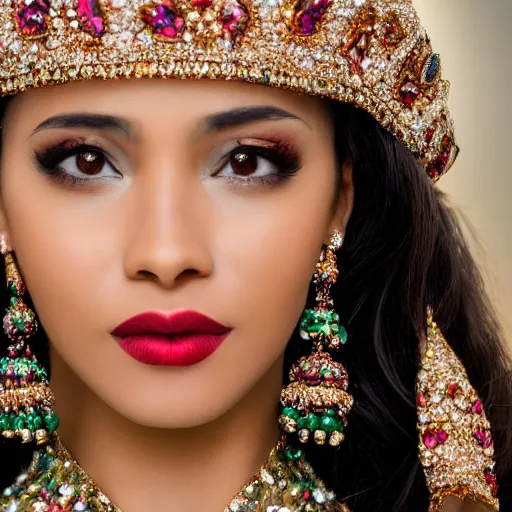 Prompt: close shot portrait of a lavish woman of society, wearing embellished jewelry and attire with woven flourishes, learned gaze in the eyes, bokeh, light from top right, diverse textures