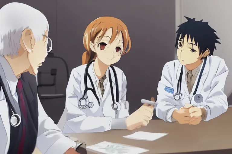 Prompt: a cute young female doctor wearing white coat are talking with an old surgeon in a hospital, slice of life anime, lighting, anime scenery by makoto shinkai