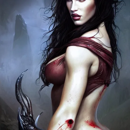 Prompt: portrait of megan fox, sexy muscular upper body, bloody eyes, vampire, fantasy, intricate, elegant, highly detailed, digital painting, artstation, concept art, matte, sharp focus, illustration, art by aenaluck and roberto ferri and greg rutkowski, epic fantasy, digital painting