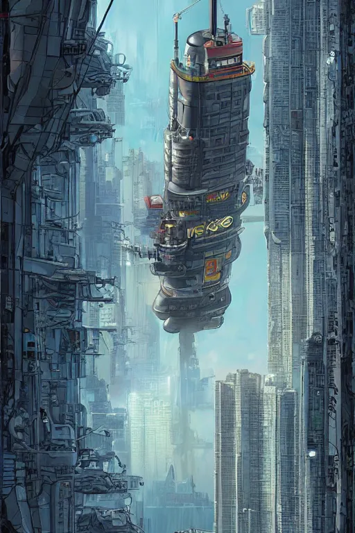 Prompt: comic book illustration, a futuristic hovering tugboat delivers supplies to the 100th floor dock of a very tall building, cyberpunk concept art by Moebius, highly detailed, intricate, sci-fi, sharp focus, Trending on Artstation HQ, deviantart