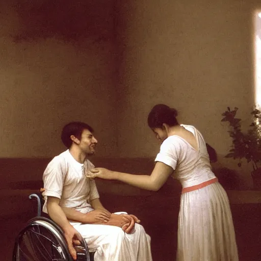 Image similar to a male patient in a wheelchair in the hospital with his wife and son standing by. happy, cheerful, smiling, intricate, face enhance, sharp focus, cinematic lighting, featured in artistation, 8 k, art by greg rutkowski, william adolphe bouguereau