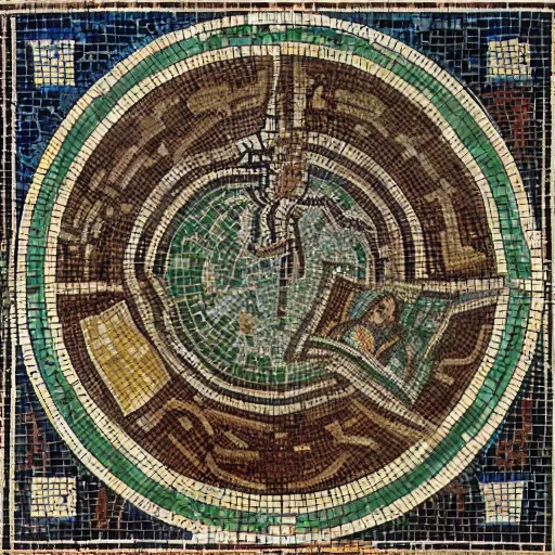 Prompt: medium shot Mosaic depicting D&D map, from Italica, AD 176-275. Archaeological Museum, Seville. Byzantine mosaics, highly detailed, HQ, HD, beautiful, National Geographic,