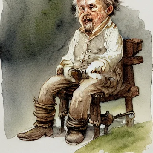 Image similar to a muted color watercolor sketch of a little person story book character ifrom the book Baltimore & Redingote by Jean-Baptiste Monge of an old man in the style of by Jean-Baptiste Monge that looks like its by Jean-Baptiste Monge and refencing Jean-Baptiste Monge