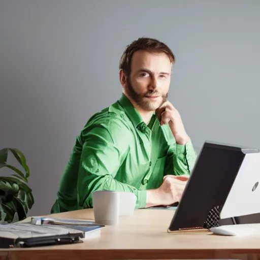 Image similar to caucasian man with green shirt sitting in front of computer with camera! mounted on top