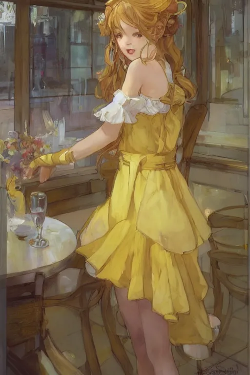 Image similar to A girl in a maid's outfit in a cafe a afternoon, wavy hair yellow theme,S line,45 angel by krenz cushart and mucha and greg rutkowski