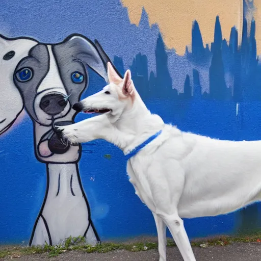 Prompt: grafitti mural of a white greyhound wearing a blue wizard hat and blue robes