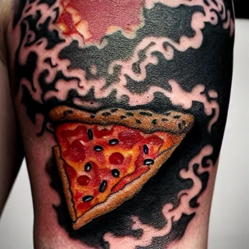 Image similar to tattoo of a slice of pizza made out of lava with rock toppings, red, white, yellow and black ink, hyperdetailed, realistic