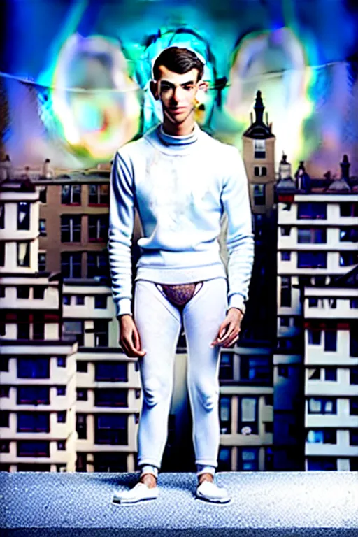 Image similar to un ultra high definition studio quality photographic art portrait of a young man standing on the rooftop of a british apartment building wearing soft padded silver pearlescent clothing. three point light. extremely detailed. golden ratio, ray tracing, volumetric light, shallow depth of field. set dressed.