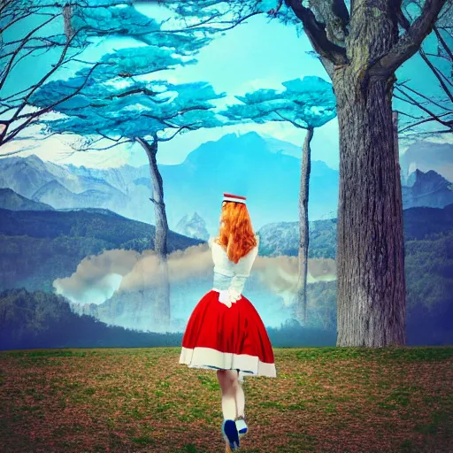 Prompt: giant alice in wonderland, pin up, houses, trees, mountains, woman, city, digital art, photo, blue dress, collage