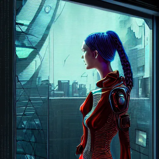 Image similar to portrait of cyberpunk woman looking out of a window, cyberpunk setting, futuristic, highly detailed, intricate lighting, digital painting, sharp focus, illustration, trending on artstation, art by steve argyle.